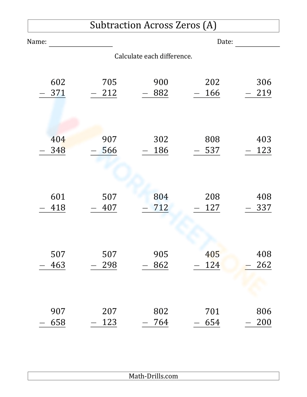 Printable Subtraction Across Zeros Worksheets