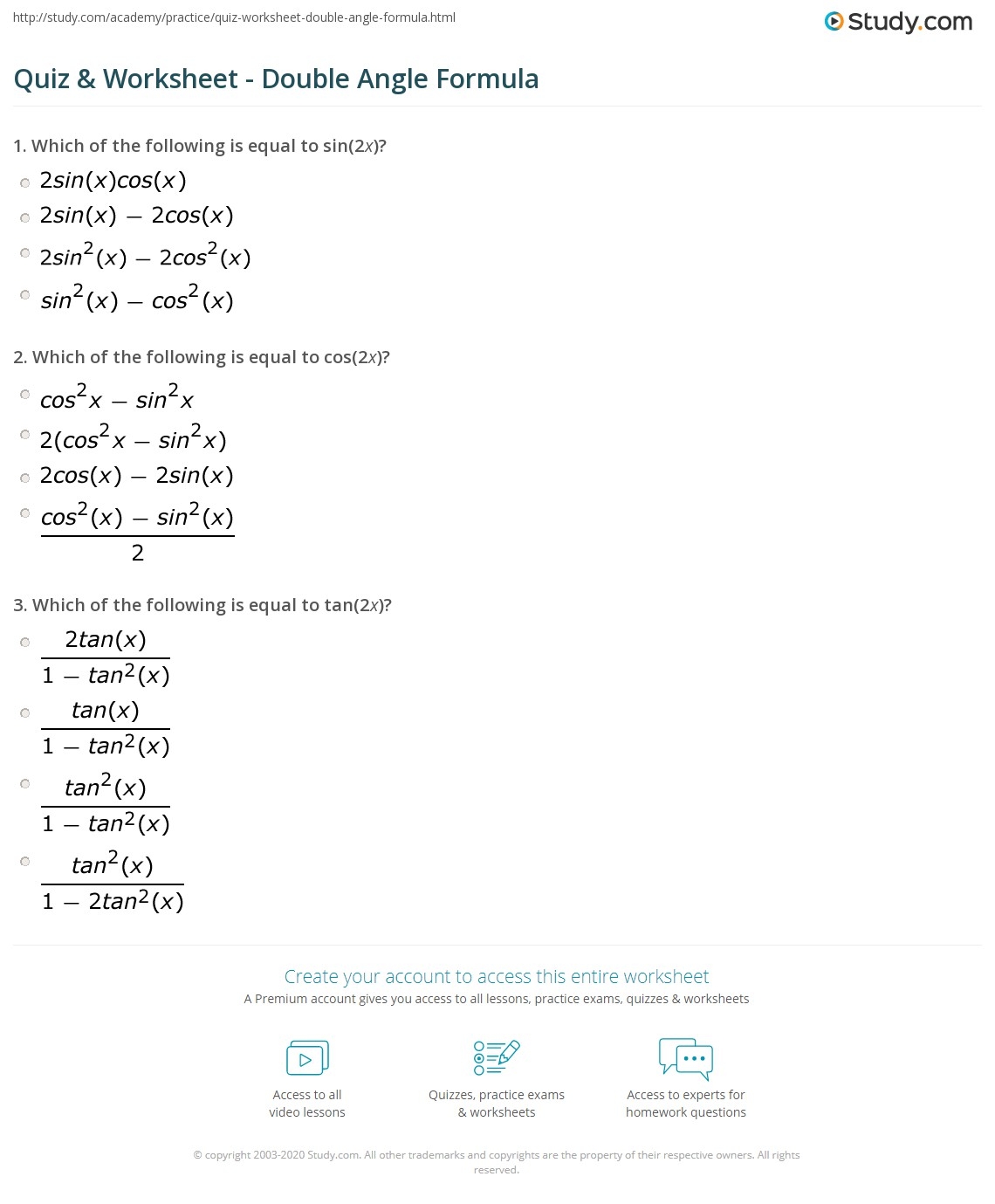 Quiz Worksheet Double Angle Formula Study Quiz Worksheet Double Angle Formula Study