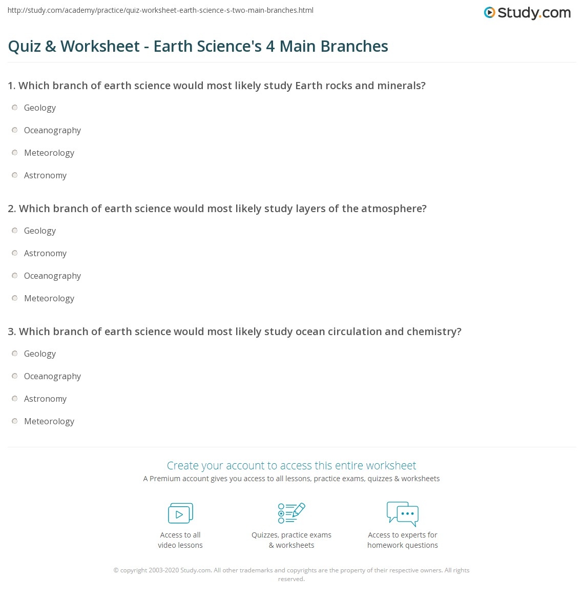 Quiz Worksheet Earth Science S 4 Main Branches Study Branches Of Earth Science Word Search WordMint