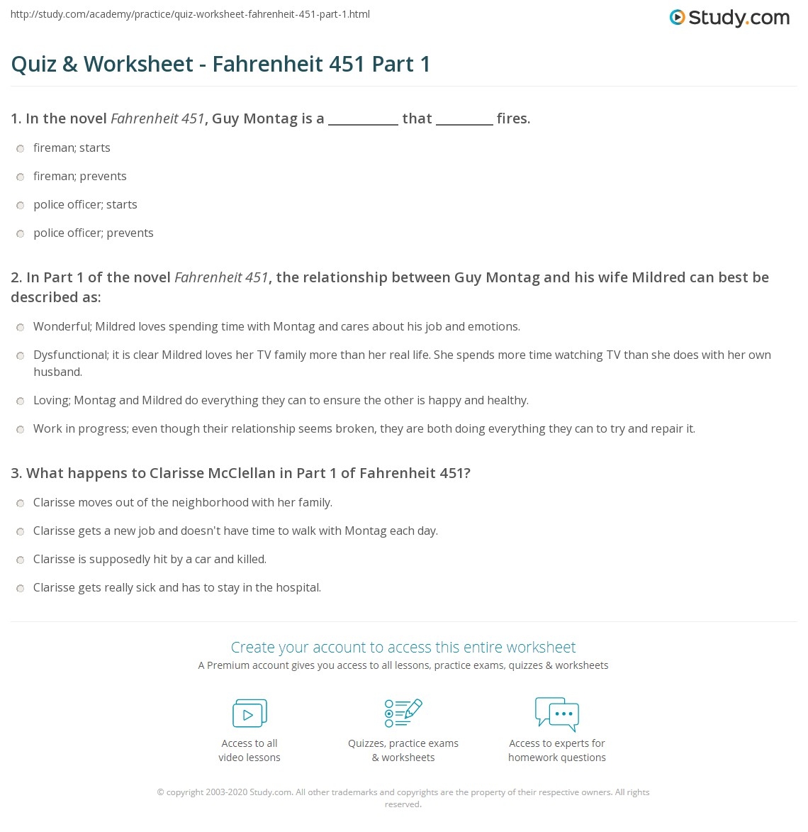 Quiz Worksheet Fahrenheit 451 Part 1 Study