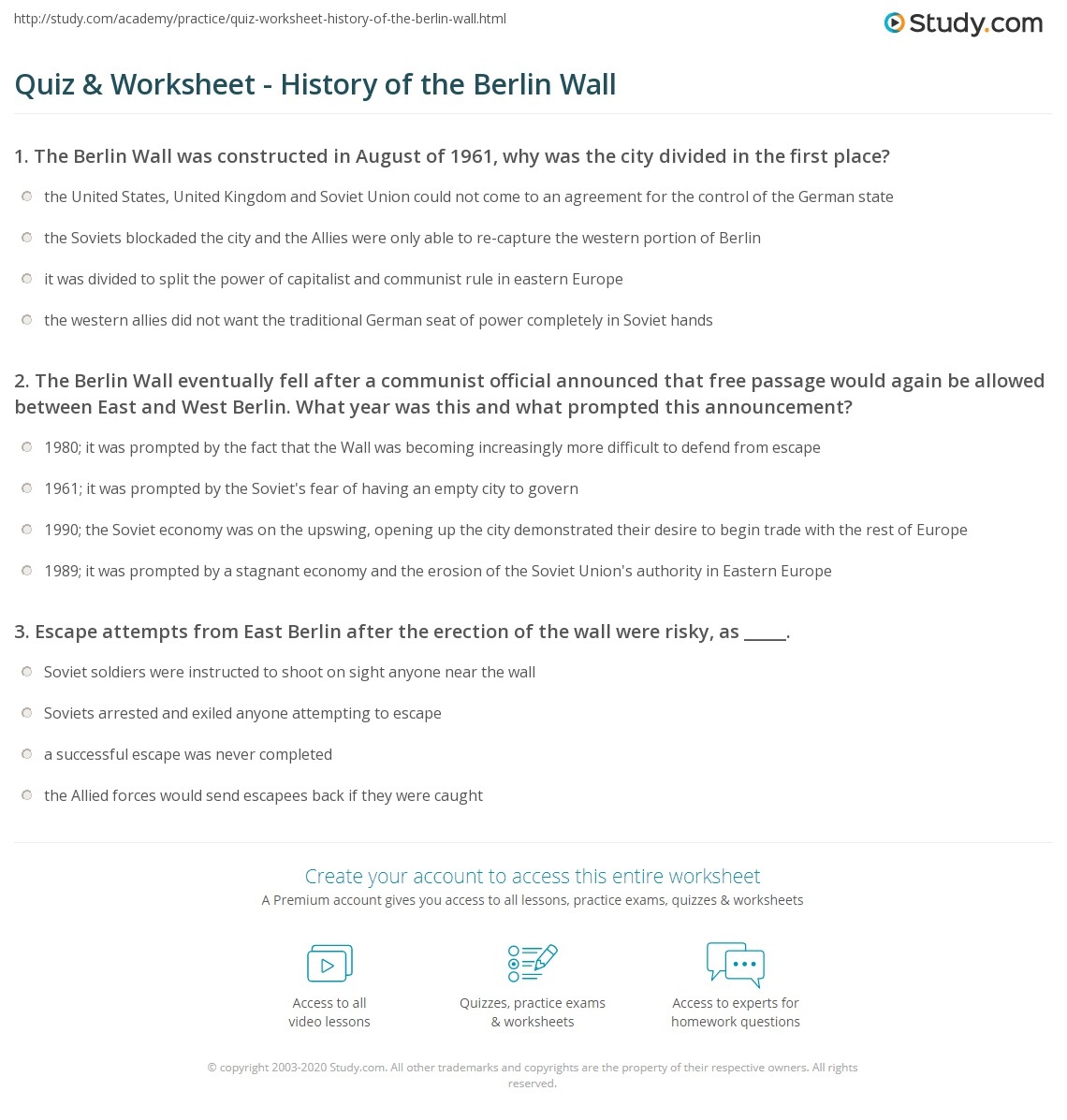 Quiz Worksheet History Of The Berlin Wall Study