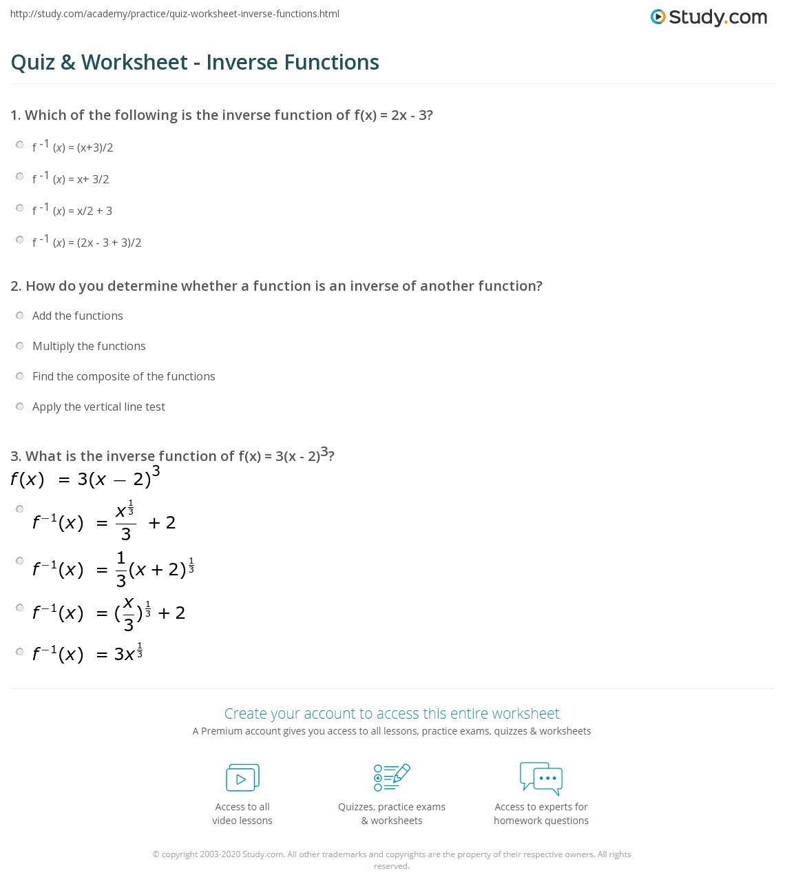 Quiz Worksheet Inverse Functions Study