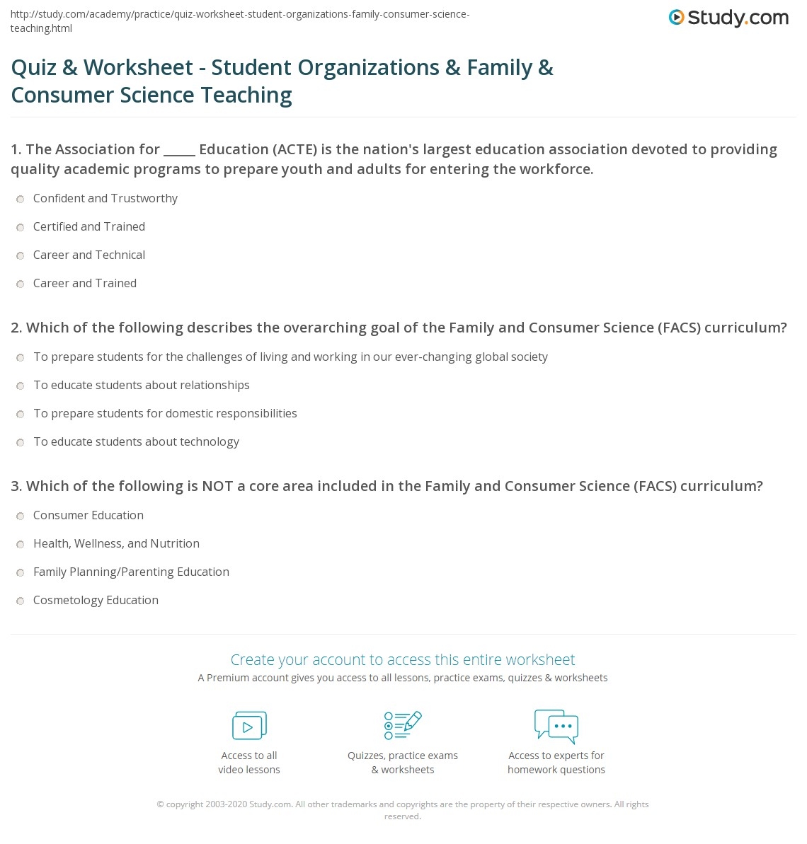 Quiz Worksheet Student Organizations Family Consumer Science Teaching Study