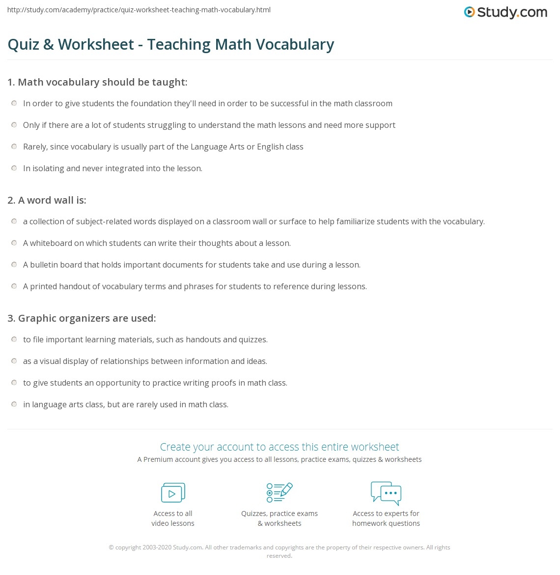 Quiz Worksheet Teaching Math Vocabulary Study