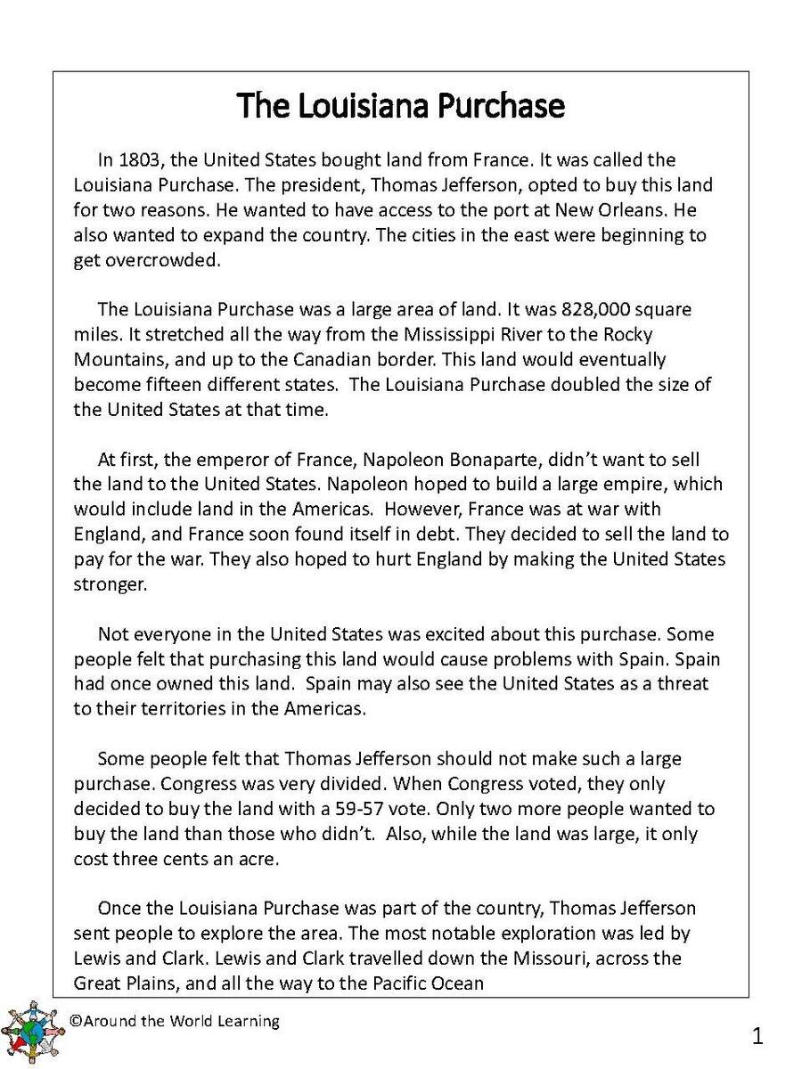 Reading Passage Louisiana Purchase Grades 3 4 TPT