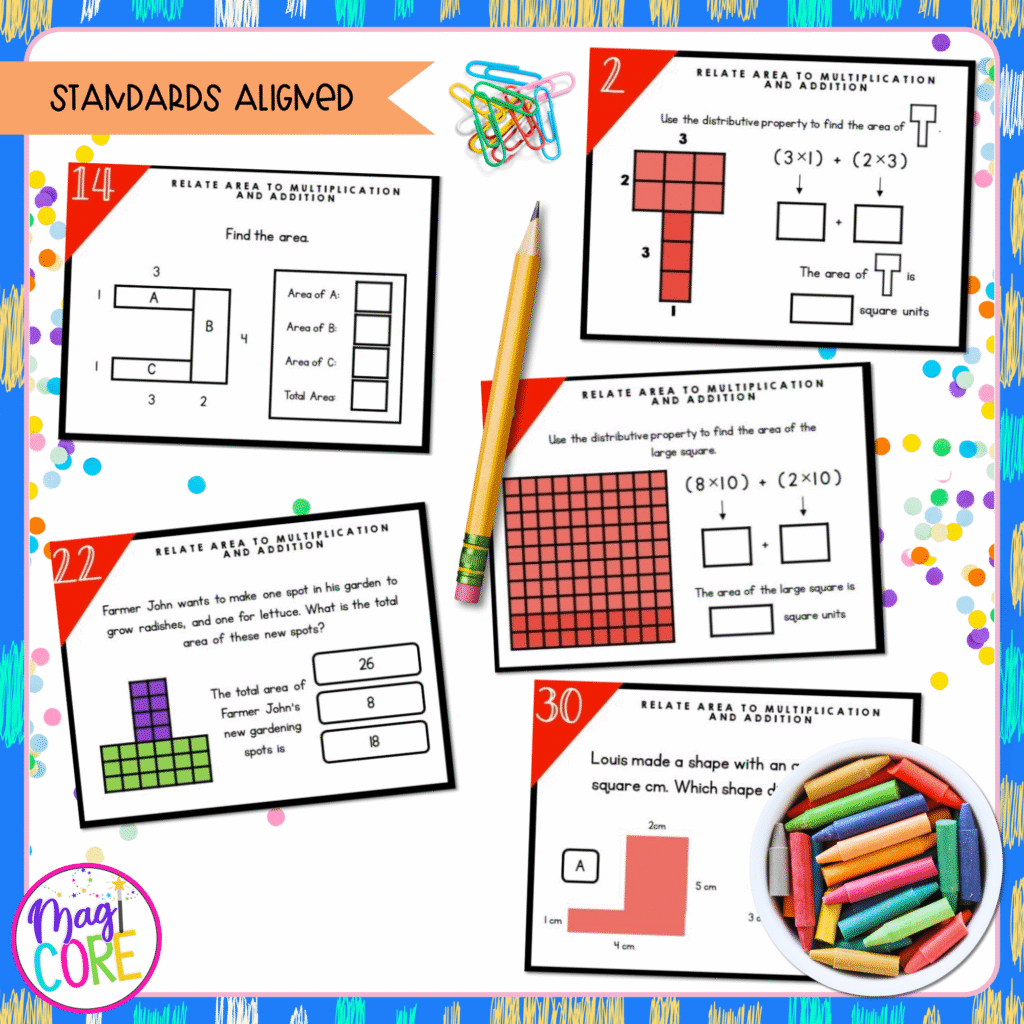 Relate Area To Multiplication And Addition 3rd Grade Task Cards MagiCore