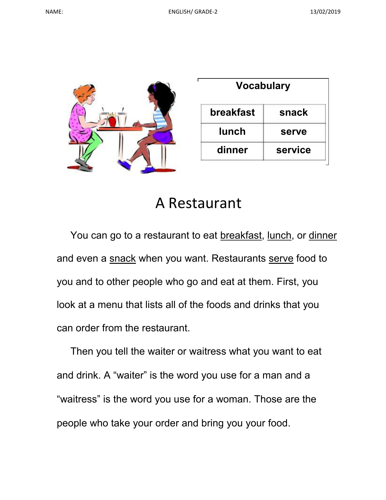 Restaurant Vocabulary Reading Worksheet Restaurant Vocabulary Reading Worksheet