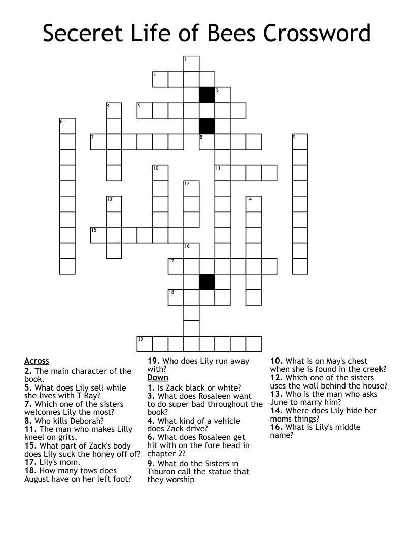 Seceret Life Of Bees Crossword WordMint