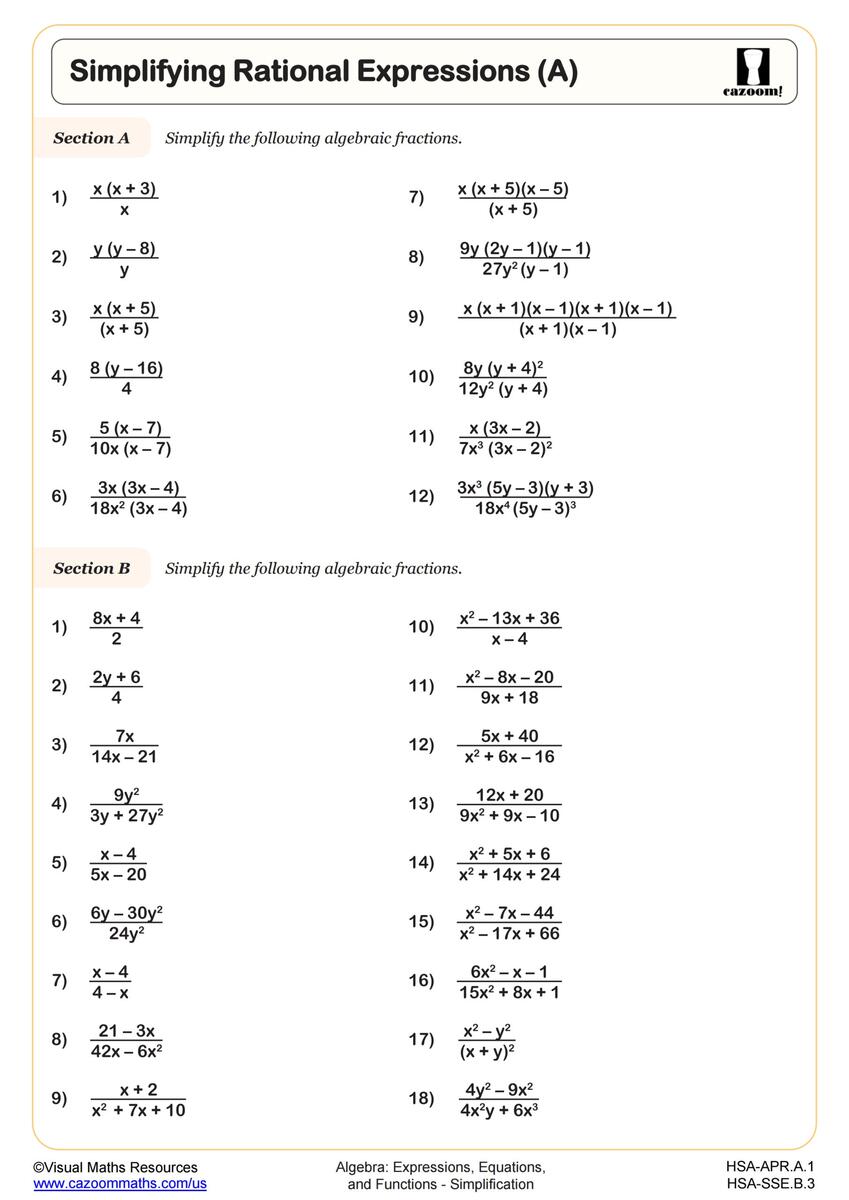 Simplifying Rational Expressions A Worksheet Algebra II PDF Worksheets Cazoom Math