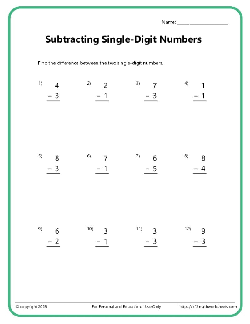 Single Digit Subtraction Worksheets K12 Math Worksheets Free 1 Digit Subtraction Worksheet Penny Worksheets4Free