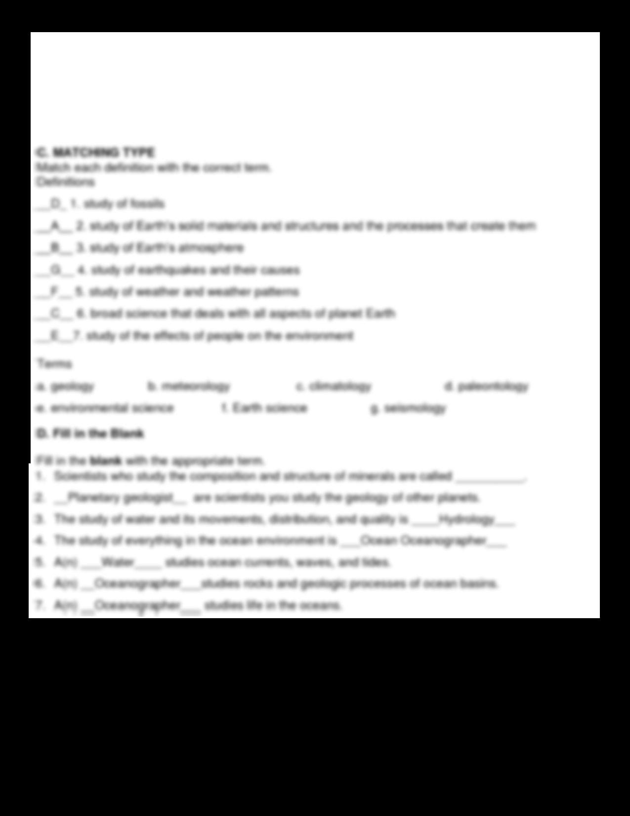 SOLUTION Branches Of Earth Science Worksheet Studypool Worksheets Library