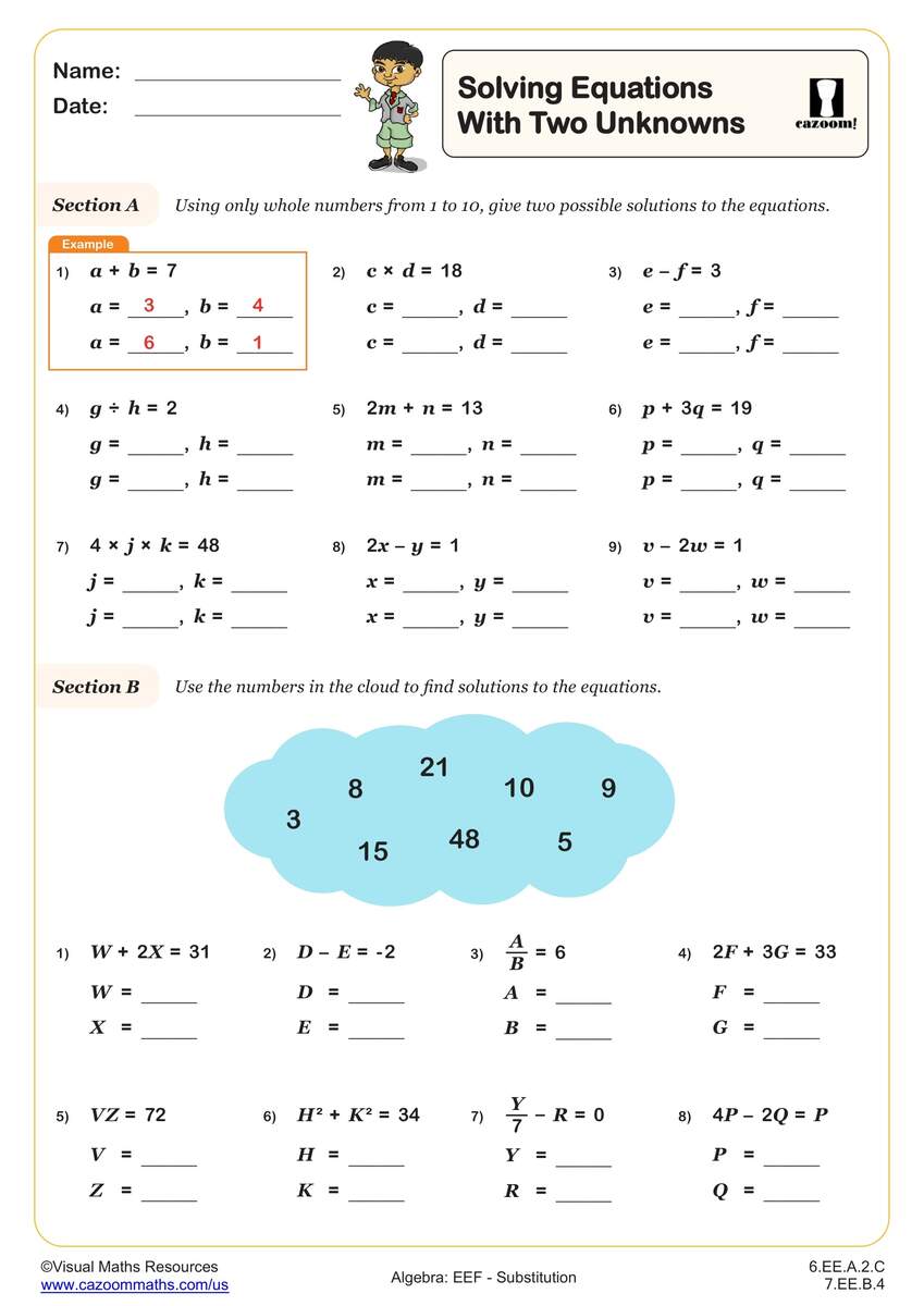 Solving Equations With Two Unknowns Worksheet Fun And Engaging 6th Grade And 7th Grade Algebra EEF Worksheet Cazoom Math Solving Equations With Two Unknowns Worksheet Fun And Engaging 6th Grade And 7th Grade Algebra EEF Worksheet Cazoom Math