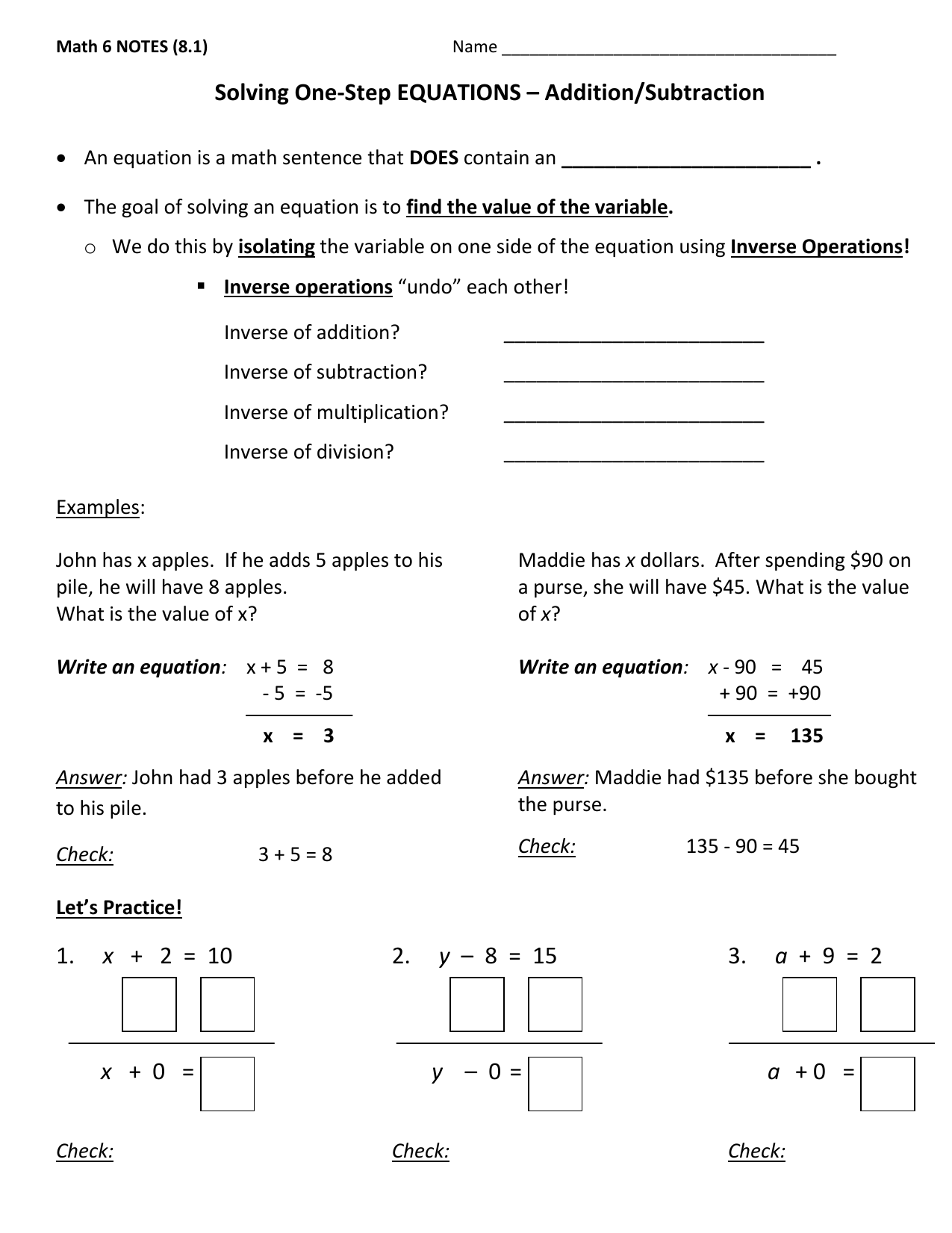 Solving One Step Equations Addition Subtraction Math 6 Addition Subtraction Families Worksheets