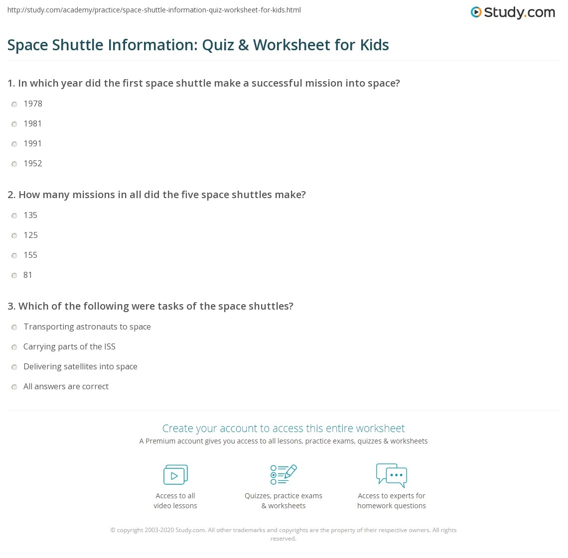 Space Shuttle Information Quiz Worksheet For Kids Study