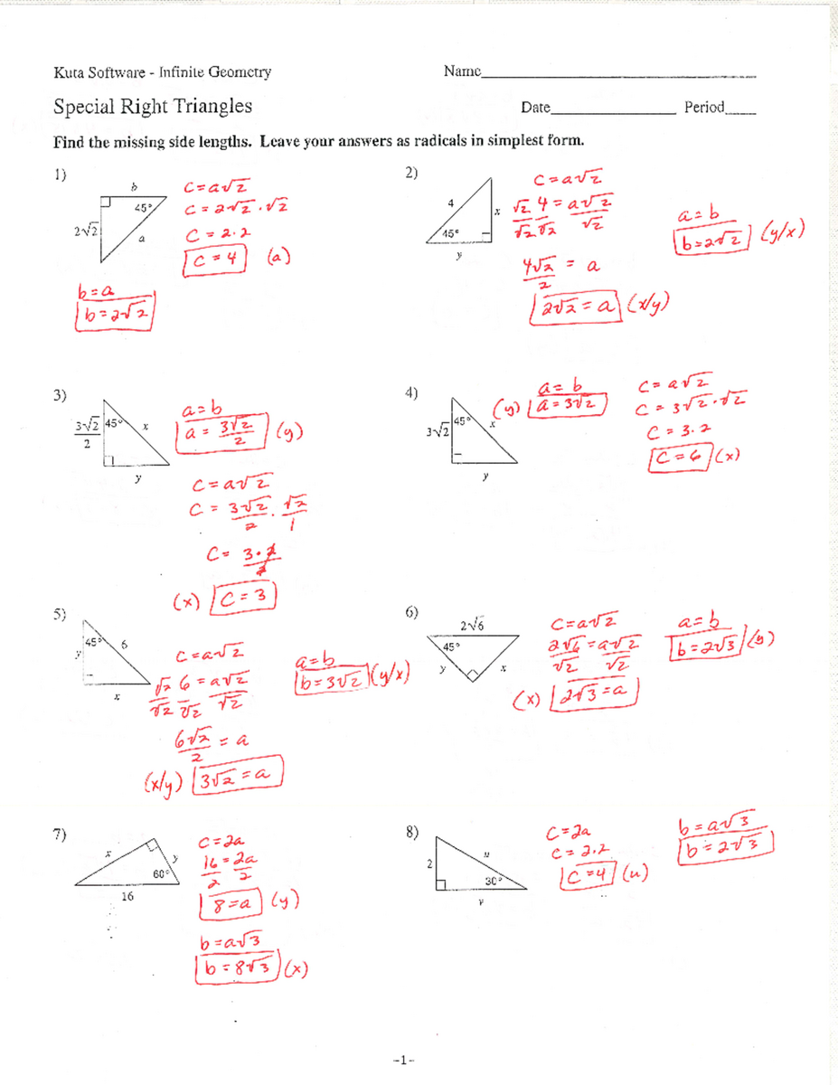Special Right Triangles Worksheet Answer Key Geometry Studocu