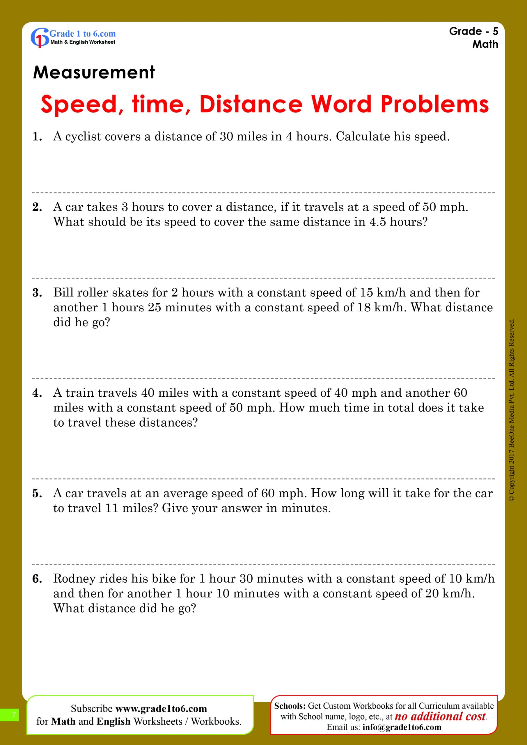 Speed Time And Distance Word Problems Worksheet Grade1to6