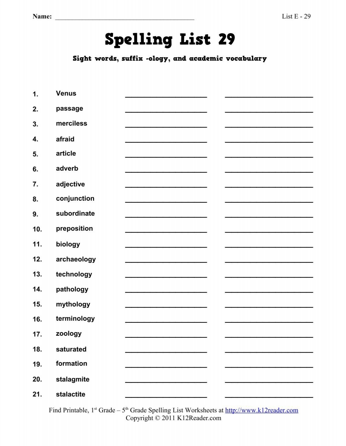Spelling Word List E 29