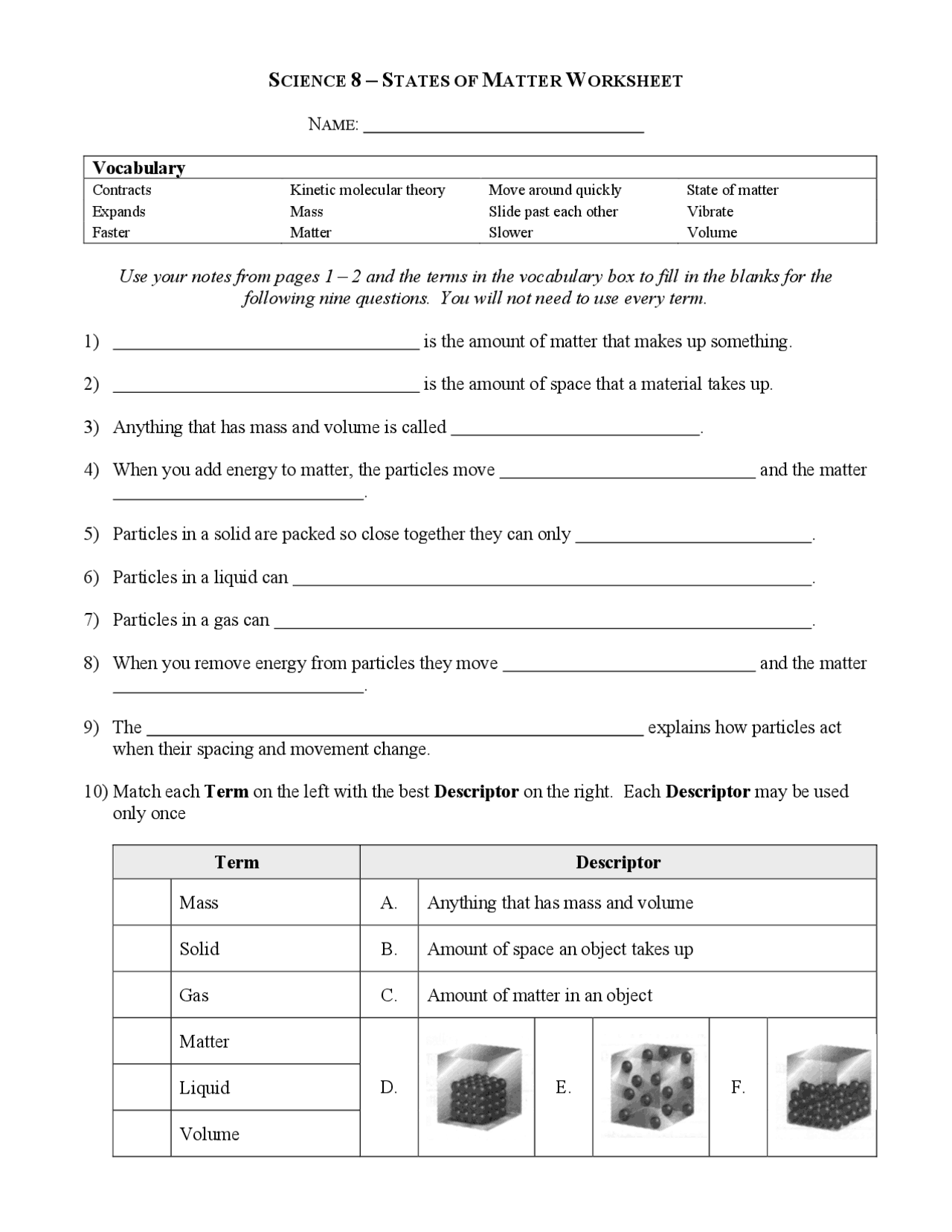 States of Matter Worksheet pdf Study Notes Chemistry Docsity