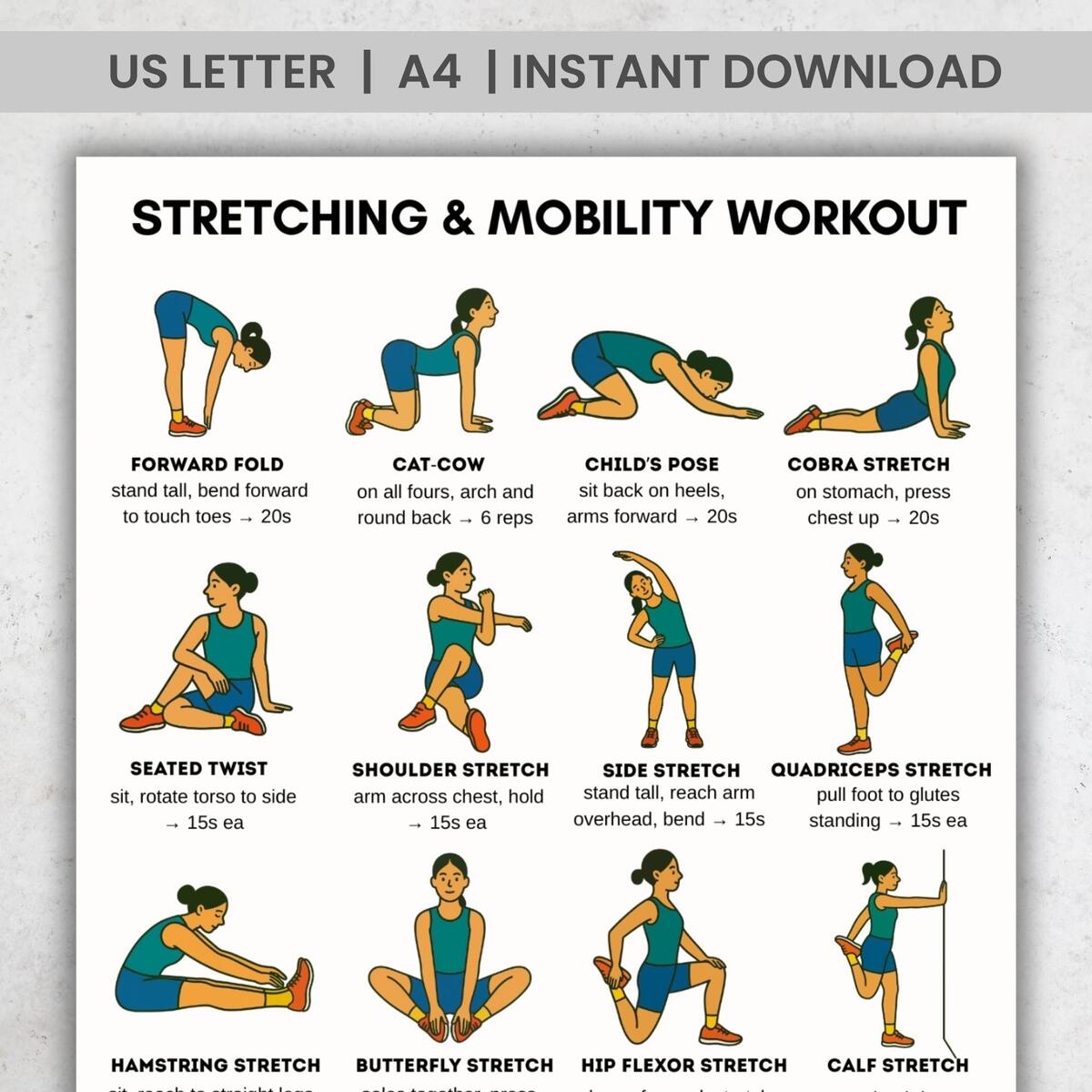 Stretching Mobility Workout Printable Poster 16 Flexibility Exercises Stretching Chart A4 US Letter PDF Home Gym Wall Decor Etsy Israel