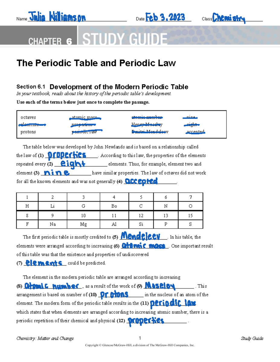 Study Guide The Periodic Table Periodic Law Chemistry 14007 Studocu