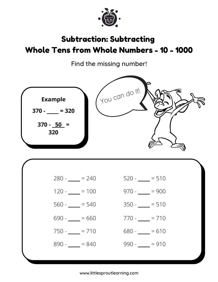 Subtract Whole Tens From Whole Tens Within 0 1 000 Subtract Whole Tens From Whole Tens Within 0 1 000