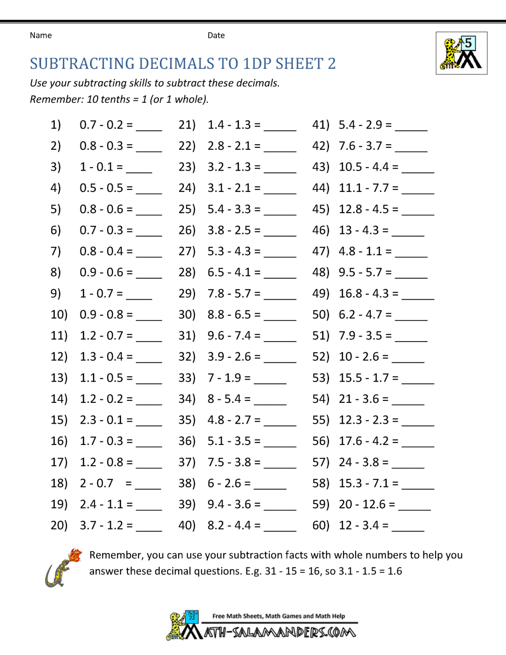 Subtracting Decimals Worksheet
