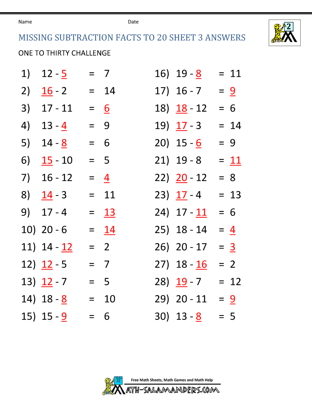 Subtraction Facts To 20