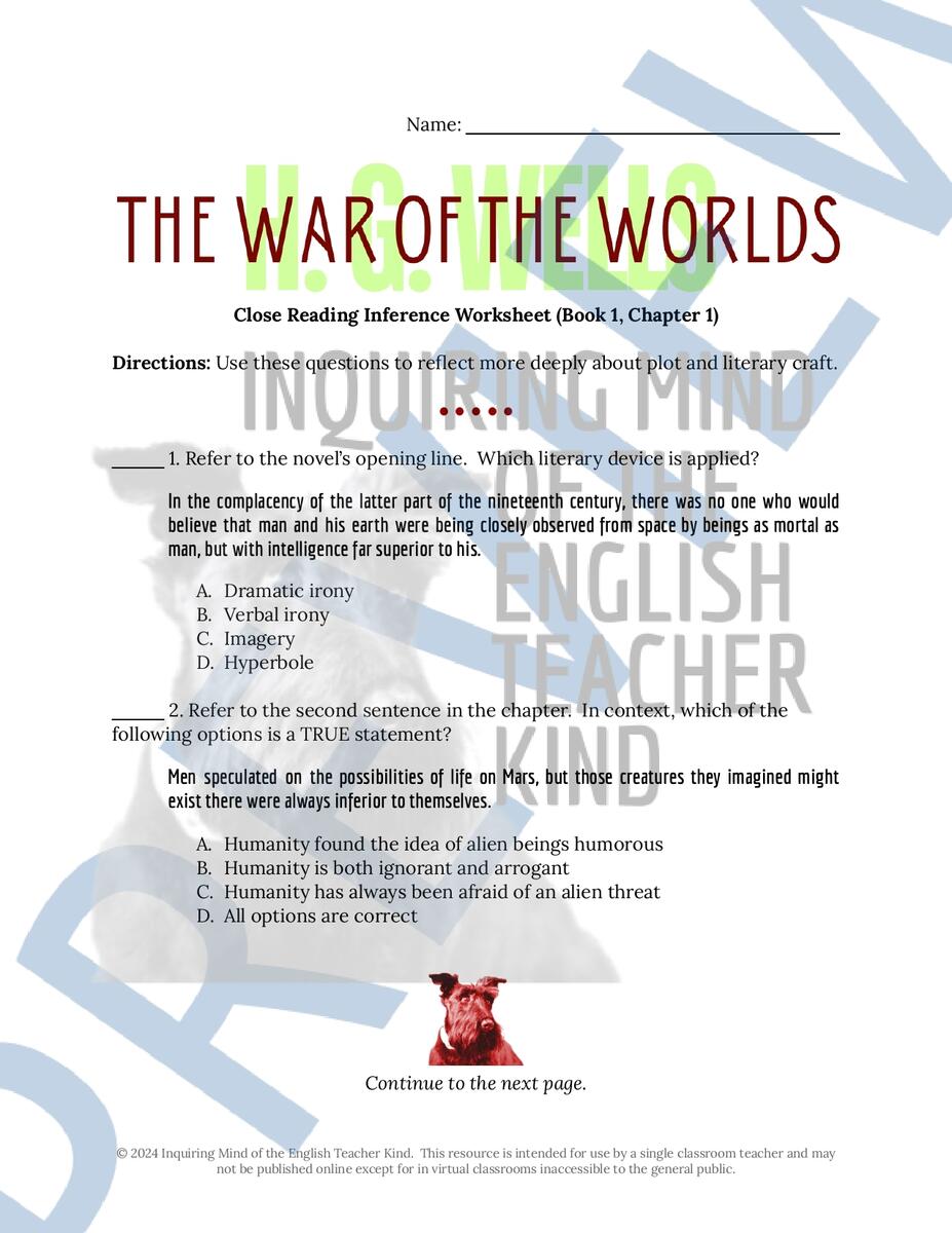 The War Of The Worlds Book 1 Chapter 1 Inference Worksheet Made By Teachers