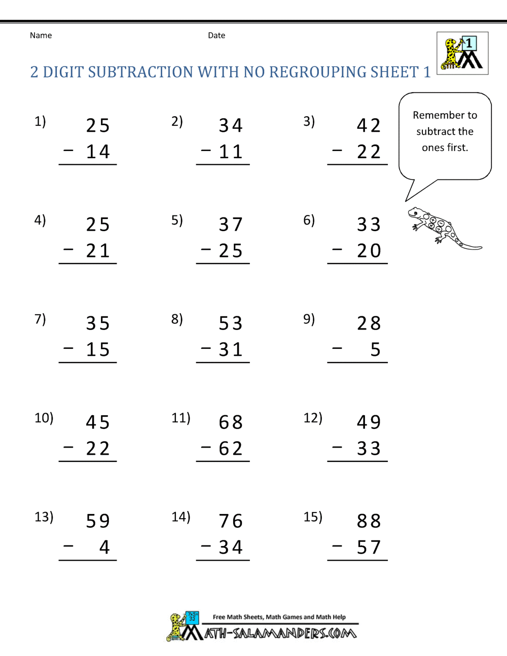 Two Digit Subtraction Without Regrouping Two Digit Subtraction Without Regrouping