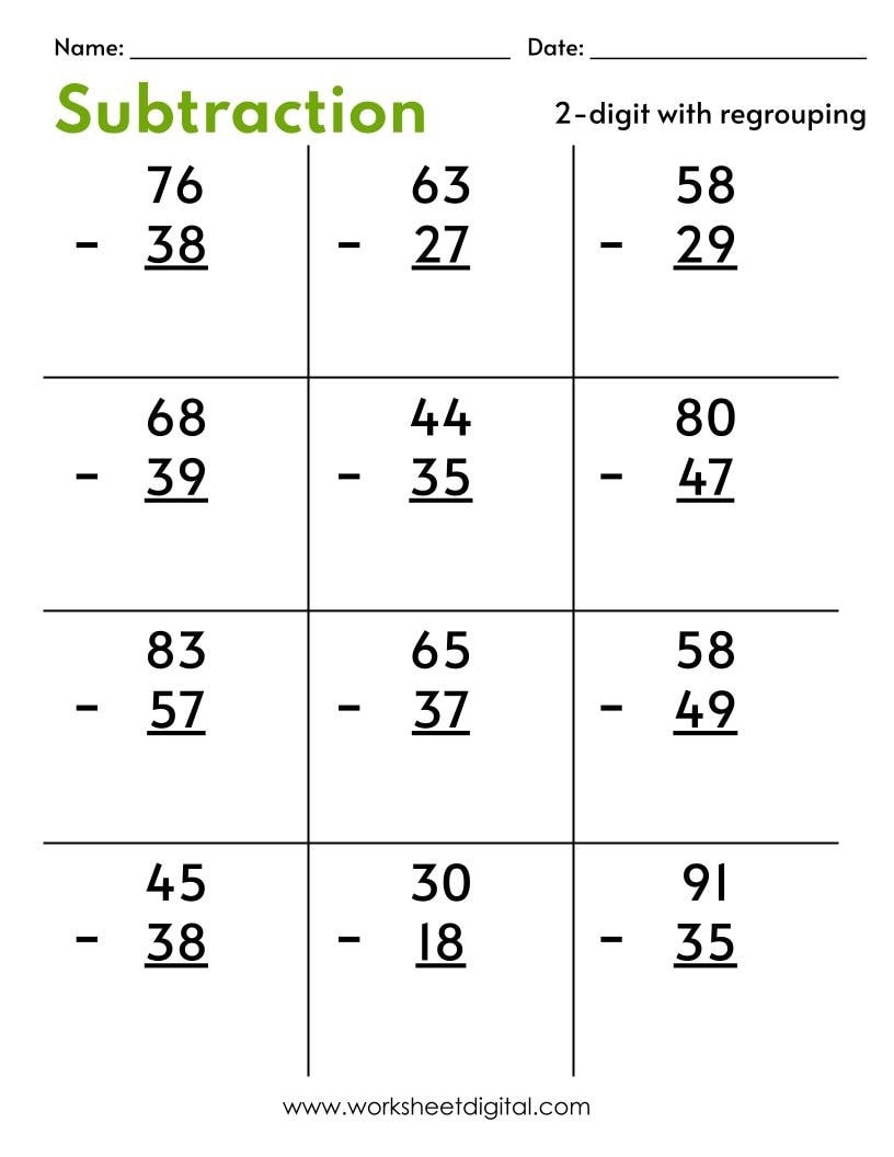 2 Digit Subtraction With Regrouping Number Math Worksheets For Grade 1 2 3 Made By Teachers