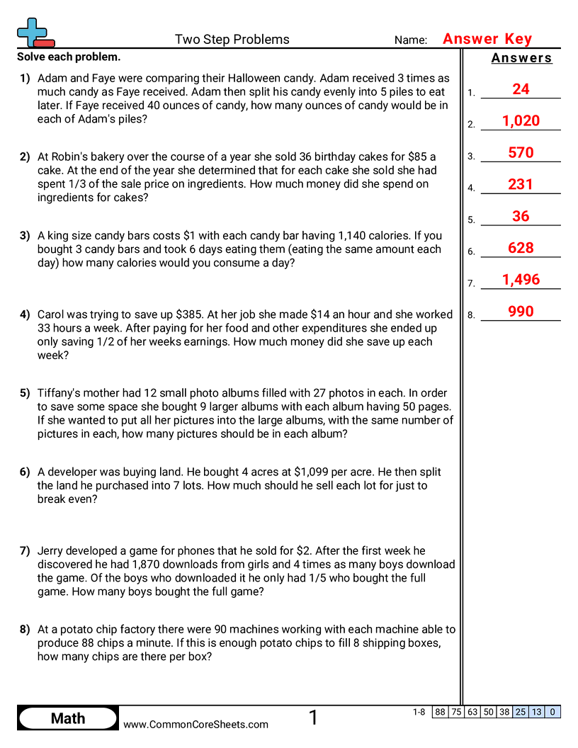 Two Step Problems Worksheets