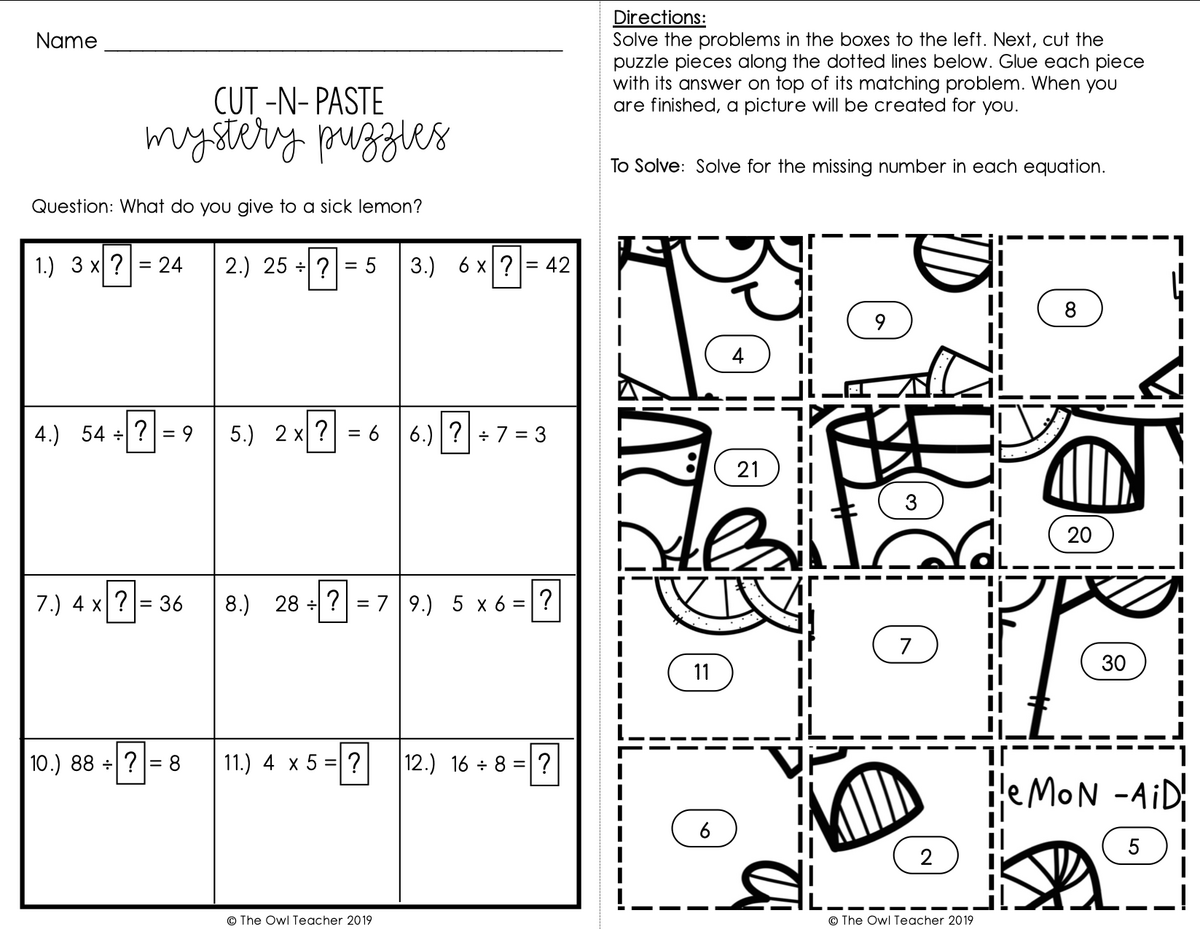 Unknown Number In An Equation Mixed Up Puzzles Printable Digital Google The Owl Teacher