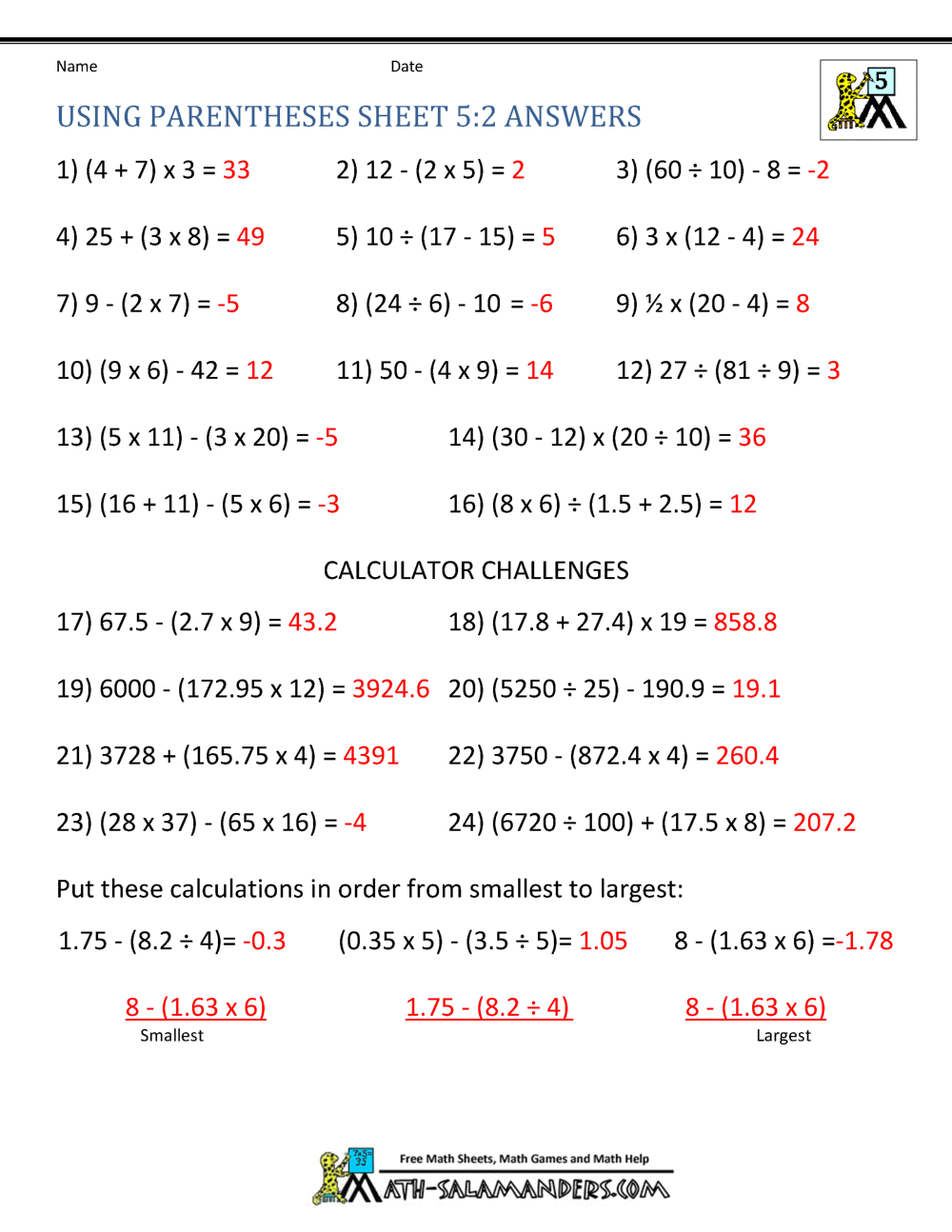 Using Parentheses Sheet 5 2 Answers Using Parentheses Sheet 5 2 Answers