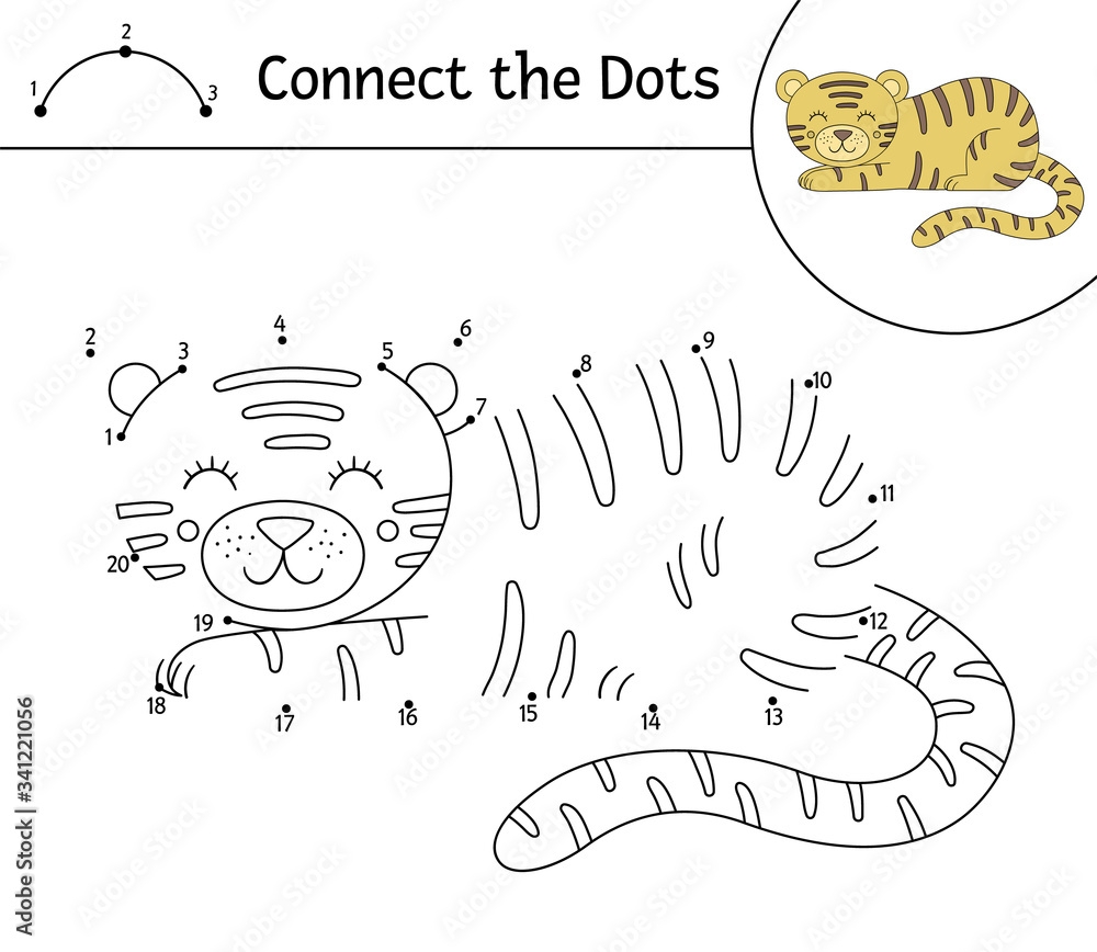 Vector Dot To Dot Activity With Cute Animal Connect The Dots Game Tiger Line Drawing Funny Tropical Coloring Page For Kids Stock Vector Adobe Stock