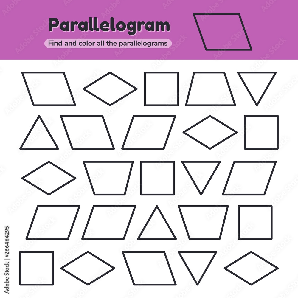 Vector Illustration Educational Worksheet For Kids Kindergarten Preschool And School Age Geometric Shapes Rhombus Parallelogram Triangle Square Trapezoid Find And Color Stock Vector Adobe Stock Parallelogram Shape Tracing Worksheets For Preschool And Pre K Fine Motor Skills Shape Recognition Find And Color Printable Activity Etsy