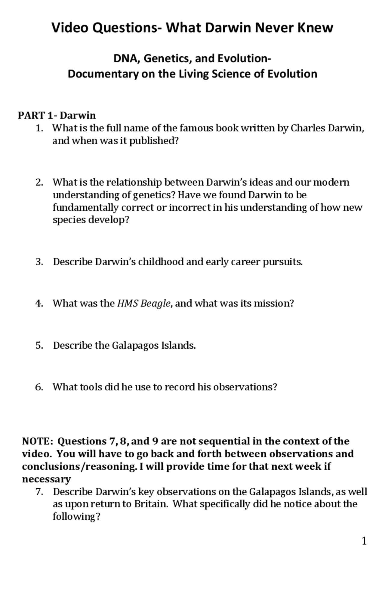 Video Questions What Darwin Never Knew Lecture Notes Genetics Docsity