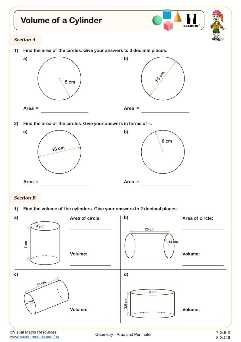 Volume Of A Cylinder Worksheet Fun And Engaging 7th Grade And 8th Grade Geometry Worksheet Cazoom Math