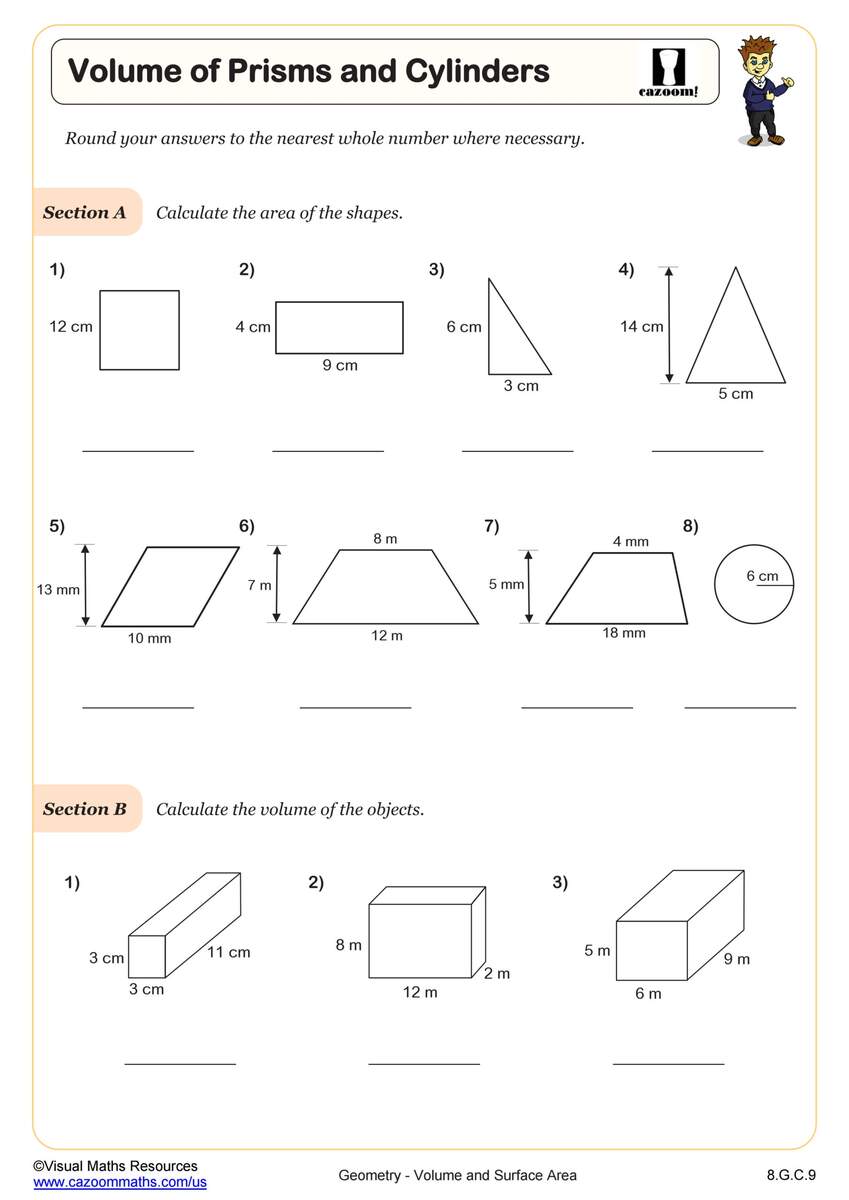 Volume Of Prisms And Cylinders Worksheet PDF Printable Geometry Worksheet Cazoom Math
