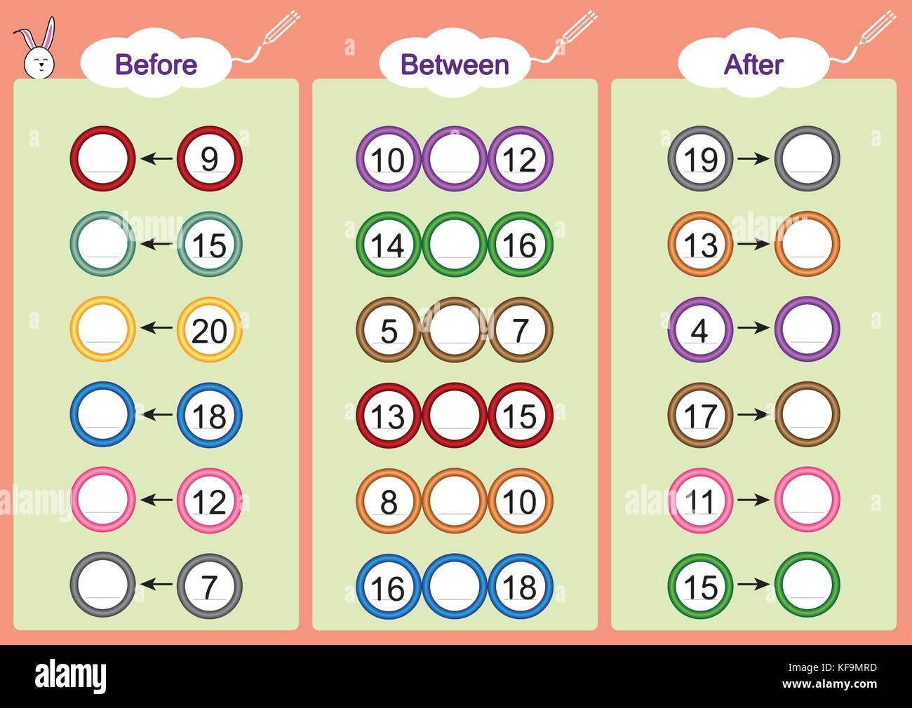 What Comes Before Between And After Math Worksheets For Kids Stock Vector Image Art Alamy