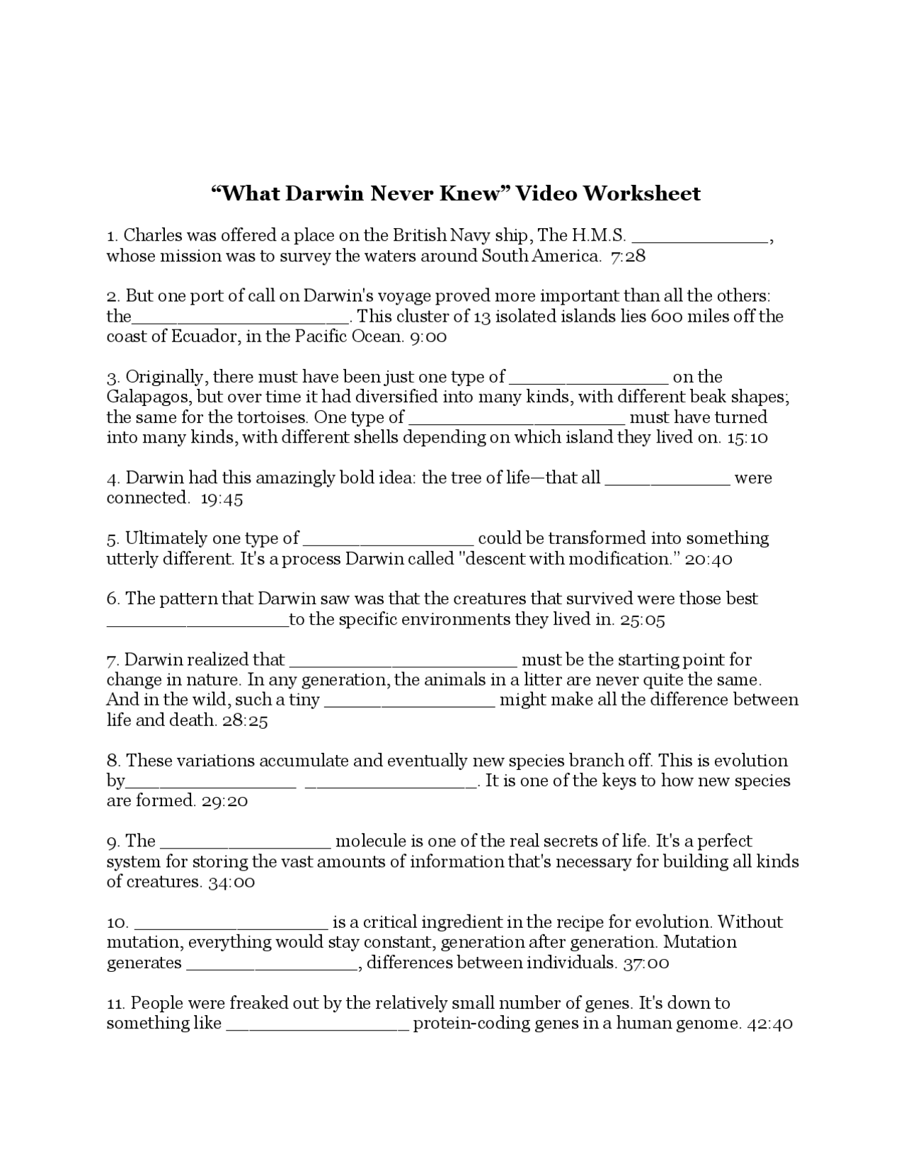 What Darwin Never Knew Video Worksheet Study Notes Evolutionary Biology Docsity