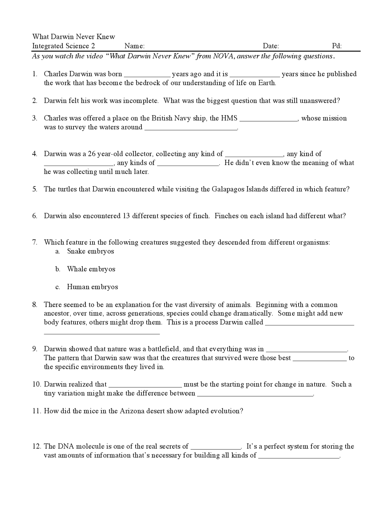 What Darwin Never Knew Video Worksheet Study Notes Evolutionary Biology Docsity