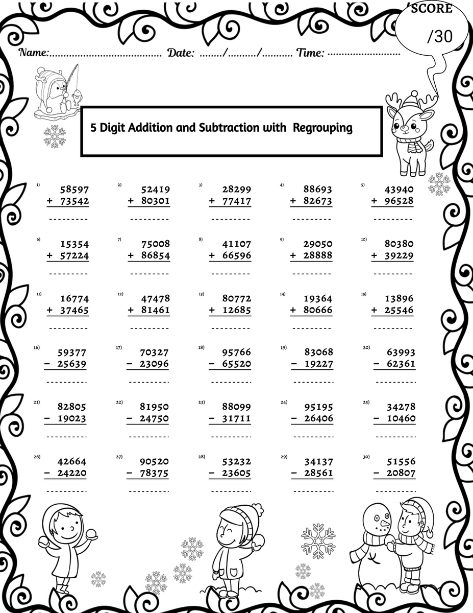 WINTER 5 Digit Addition And Subtraction With Without Regrouping Worksheets Made By Teachers