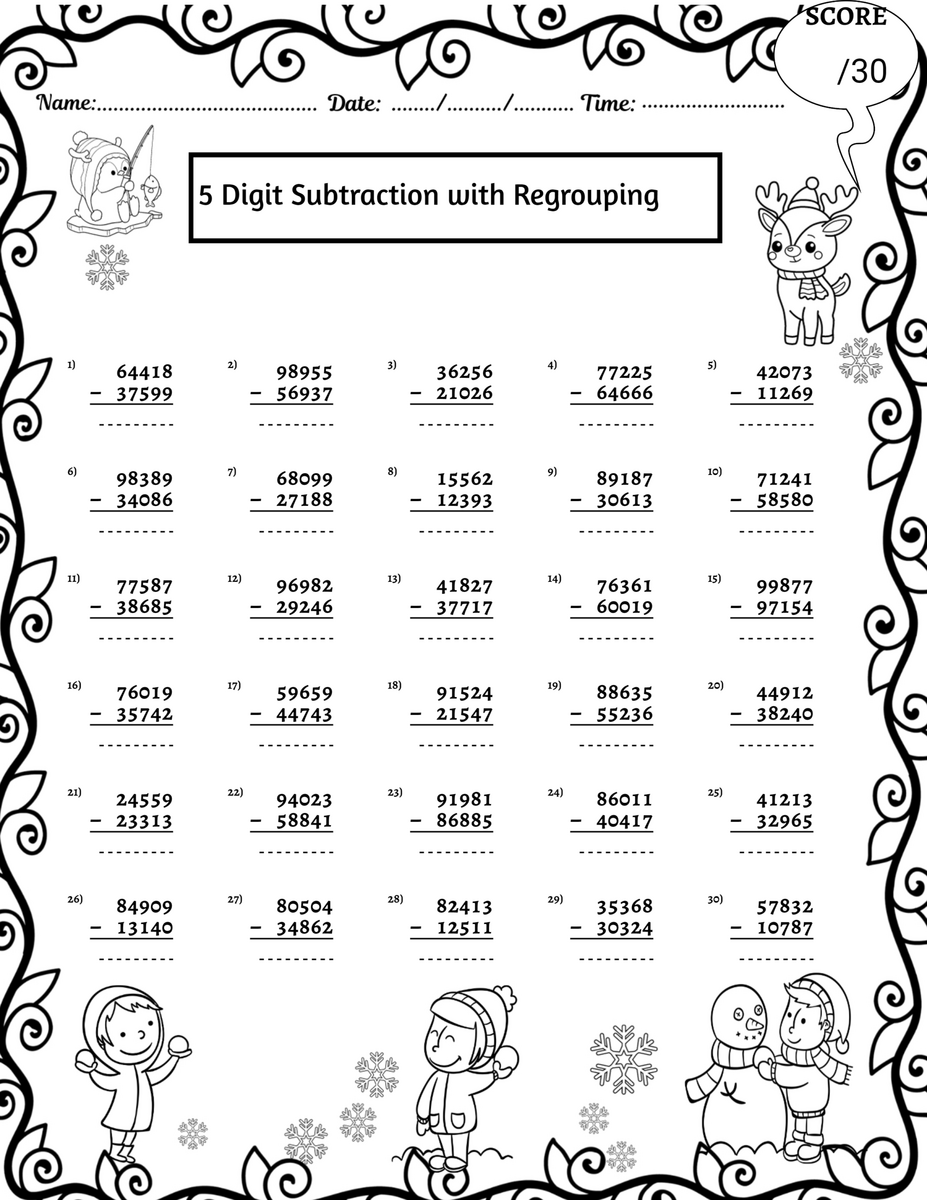 WINTER 5 Digit Addition And Subtraction With Without Regrouping Worksheets Made By Teachers