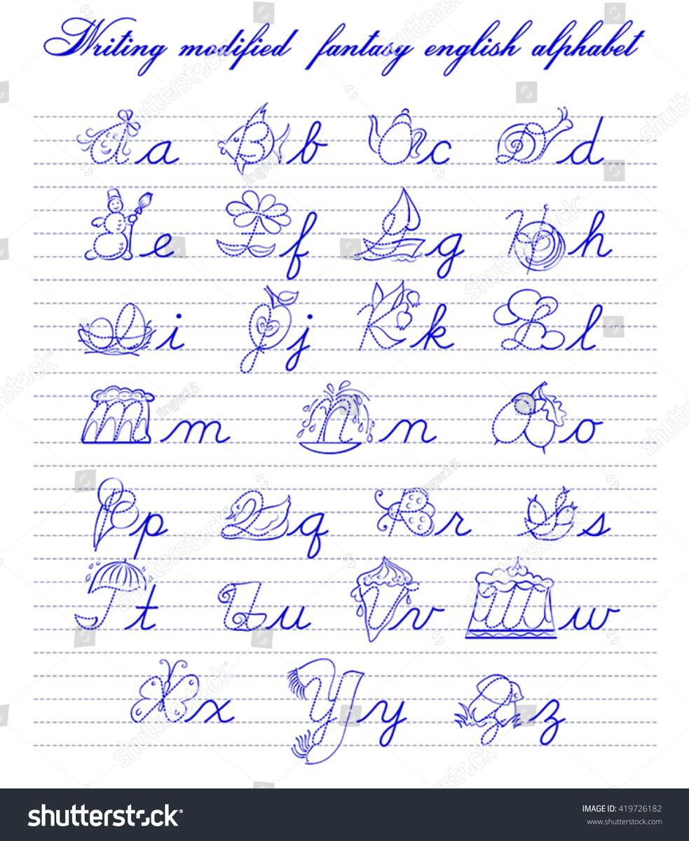 Writing Modified Fantasy English Alphabet Vector Stock Vector Royalty Free 419726182 Shutterstock Super English Kid Stroke Order Worksheet For Teaching How To Write Each English Letter
